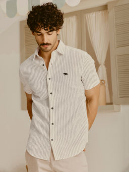 Andamen - Men Cotton Viscose Dobby Regular Fit Off White Shirt