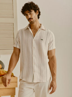 Andamen - Men Pure Cotton Embroidered Regular Fit Beige Shirt