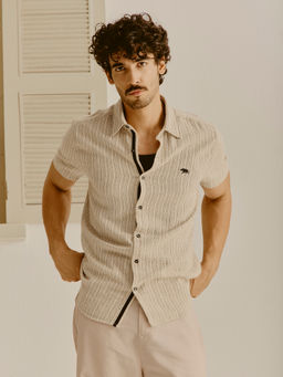 Andamen - Men Cotton Linen Regular Fit Khaki Shirt