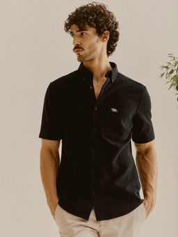 Andamen - Men Pure Cotton Dobby Regular Fit Black Shirt