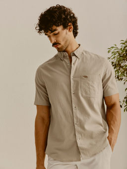 Andamen - Men Pure Cotton Dobby Regular Fit Khaki Shirt