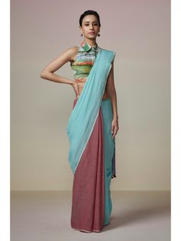 Dressfolk - Handwoven Fresh Blue and Earthy Magenta Handloom 100% Pure Cotton Saree with Tassel Border.