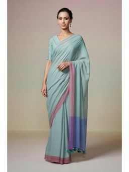 Dressfolk - Handwoven Powder Blue With Color Strip with Tassel Border Handloom 100% Pure Cotton Saree