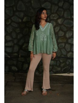 PANTS AND PAJAMAS - Moss Green Chikan Chanderi Mull Top