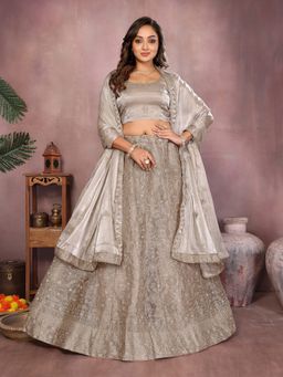 Elora - Warm Grey Sequin Semi stitched Lehenga with Unstitched Blouse & Dupatta