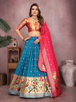 Elora - Deep Blue Zari Weaving Stitched Paithani Semi Stitched Lehenga with Unstitched Blouse & Dupatta