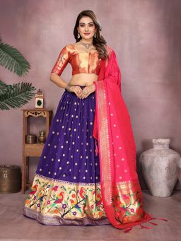 Elora - Violet Silk Zari Weaving Stitched Paithani Semi Stitched Lehenga with Unstitched Blouse & Dupatta