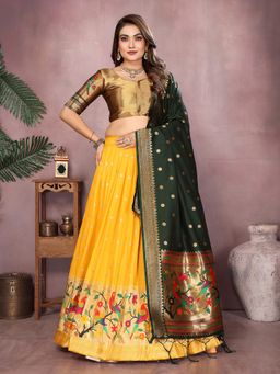 Elora - Yellow Jacquard Weaving Stitched Paithani Semi Stitched Lehenga with Unstitched Blouse & Dupatta