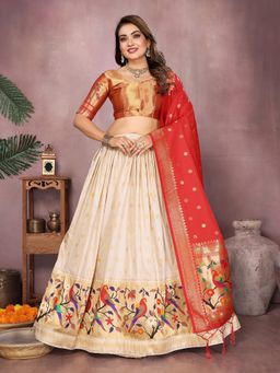Elora - Cream Jacquard Weaving Stitched Paithani Semi Stitched Lehenga with Unstitched Blouse & Dupatta