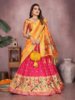 Elora - Pink Jacquard Weaving Stitched Paithani Semi Stitched Lehenga with Unstitched Blouse & Dupatta
