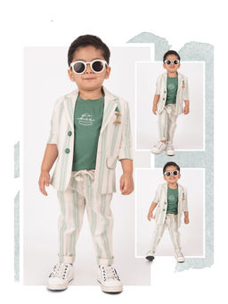 Little Collars - Striped Cotton Smart Casual Coat Co-Ord- Green (Set of 4)