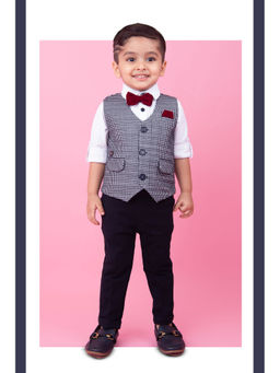 Little Collars - Elegant Jacquard Partywear with Red Bow for Boys- Navy Blue (Set of 4)