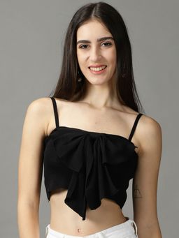 SHOWOFFFF - Womens Shoulder Straps Fitted Solid Black Crop Top