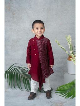 LABEL NEETI - Maroon Handblock Printed Panel Asymmetrical Kurta with Pajama