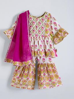 Hopscotch - White Floral Cotton Kurta with Sharara & Dupatta