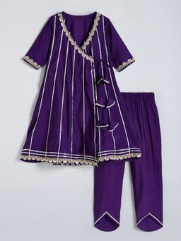 Hopscotch - Lace Embellished Angrakha Kurta with Pant