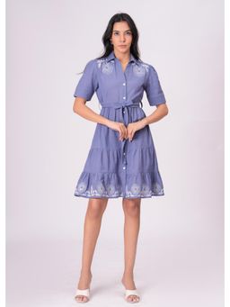Zolo Label - Classic Blue Button Down Embroidered Dress with Belt
