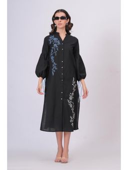 Zolo Label - Black Longline Button Down Floral Thread Embroidery Dress