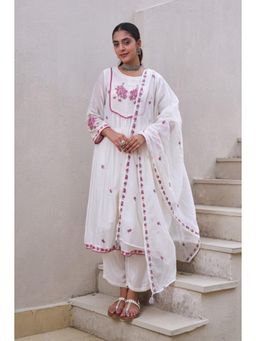 Autumnlane - White Kabool Pearl Embroidery Kurta with Pant and Dupatta