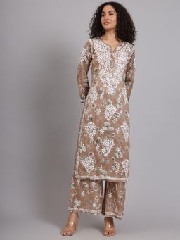 The Chikan Label - Brown Women's Mulmul Cotton Chikankari Co-Ord Set