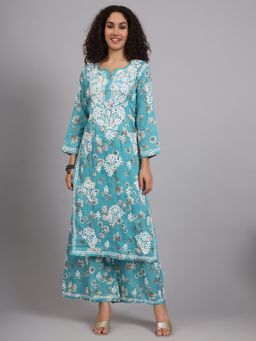 The Chikan Label - Aqua Women's Mulmul Cotton Chikankari Co-Ord Set
