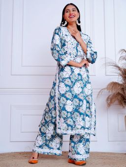The Chikan Label - Blue Women's Mulmul Chikankari Co-Ord Set