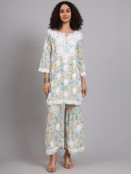 The Chikan Label - Blue Women's Mulmul Chikankari Co-Ord Set