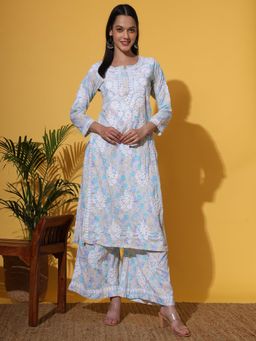 The Chikan Label - Blue Women's Mulmul Chikankari Co-Ord Set