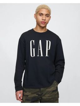 GAP - Men Black Logo Print Crew Neck T-Shirt