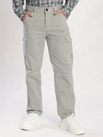 Men Grey Contrast Stitch Cargos