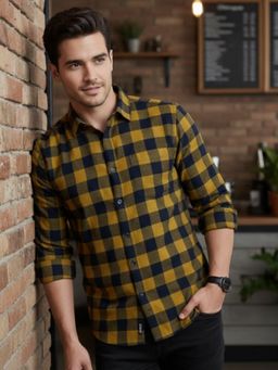 RIGO - Yellow Men Cut Away Collar Checkered Regular Casual Wear Shirt