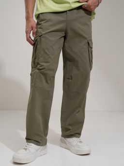 HIGHLANDER - Men Comfort Loose Fit Mid Rise Cotton Olive Cargos