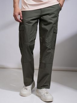HIGHLANDER - Men Rib Stop Dobby Loose Fit Green Cargos