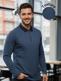 RIGO - Men Ribbed Textured Blue Polo T-Shirt