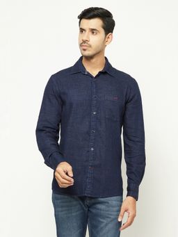 CRIMSOUNE CLUB - Men Navy Blue Pure Cotton Denim Shirt