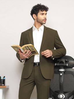 Subtract - Men Olive Single-Breasted Solid Blazer with Trouser