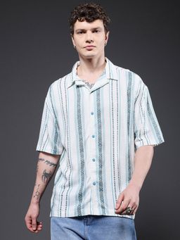 PRONK - Men Blue Cotton Self Design Casual Shirt