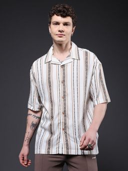 PRONK - Men Brown Cotton Self Design Casual Shirt