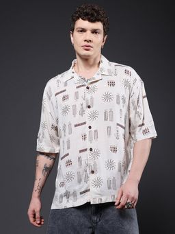 PRONK - Men Brown Cotton Printed Casual Shirt