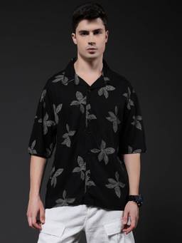 PRONK - Men Black Cotton Floral Casual Shirt