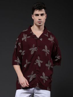 PRONK - Men Wine Cotton Floral Casual Shirt