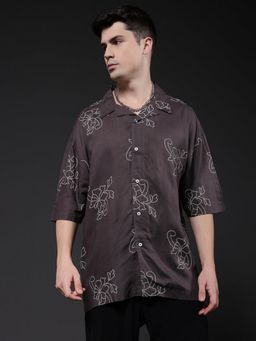 PRONK - Men Grey Cotton Floral Casual Shirt