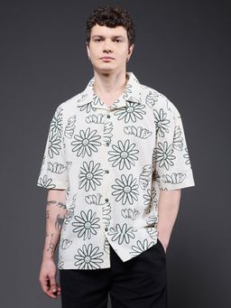 PRONK - Men Off White Cotton Printed Casual Shirt