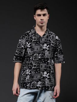 PRONK - Men Black Cotton Printed Casual Shirt