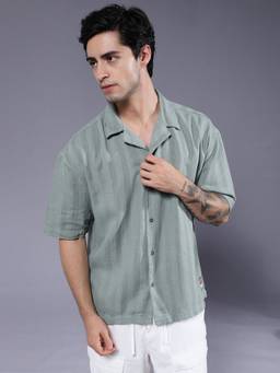 PRONK - Men Green Cotton Textured Casual Shirt