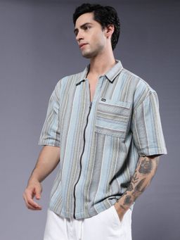 PRONK - Men Blue Cotton Stripes Casual Shirt