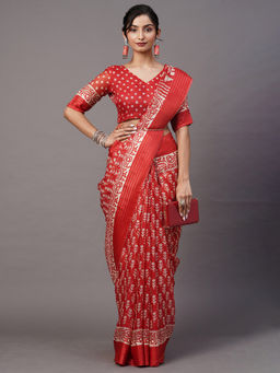Akhilam - Women Brasso Red Printed Designer Saree with Unstitched Blouse Piece