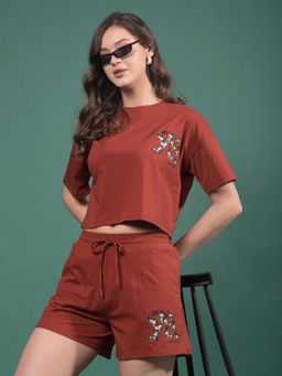 CRIMSOUNE CLUB - Women Maroon Typographic Print Crop Length T-Shirt