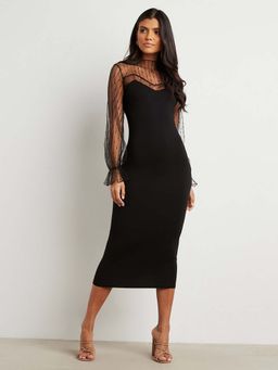 Styli - Black Sweetheart Neck Bodycon Midi Dress With Sheer Mesh Sleeves