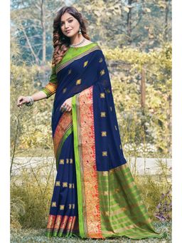 Sangam Prints - Navy Blue Cotton Woven Work Traditional Saree with Unstitched Blouse